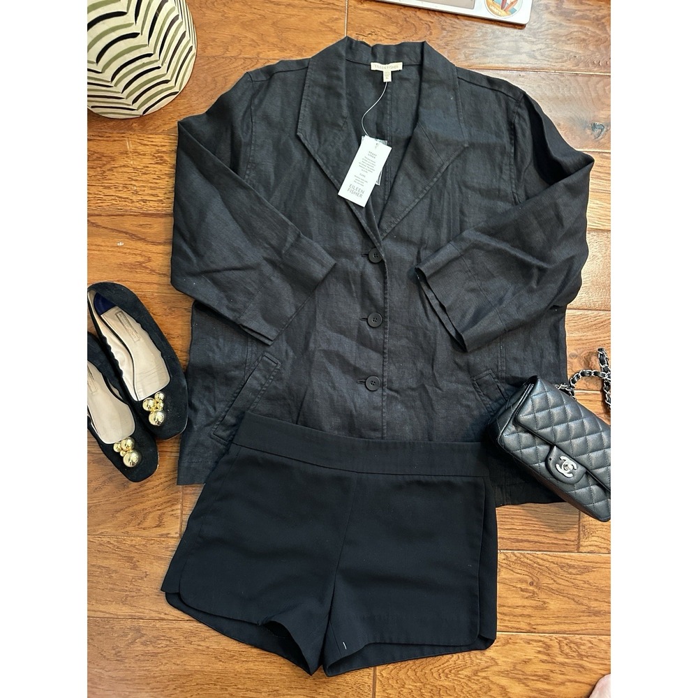 NWT Eileen Fisher Black Heavy Linen Button Jacket Blazer Top Pockets XL